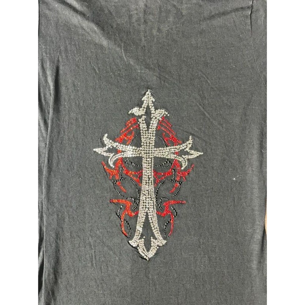 Vintage Y2K Exist Rhinestone Cross Black Biker Tshirt Cotton Blend Womens Medium - Picture 6 of 9